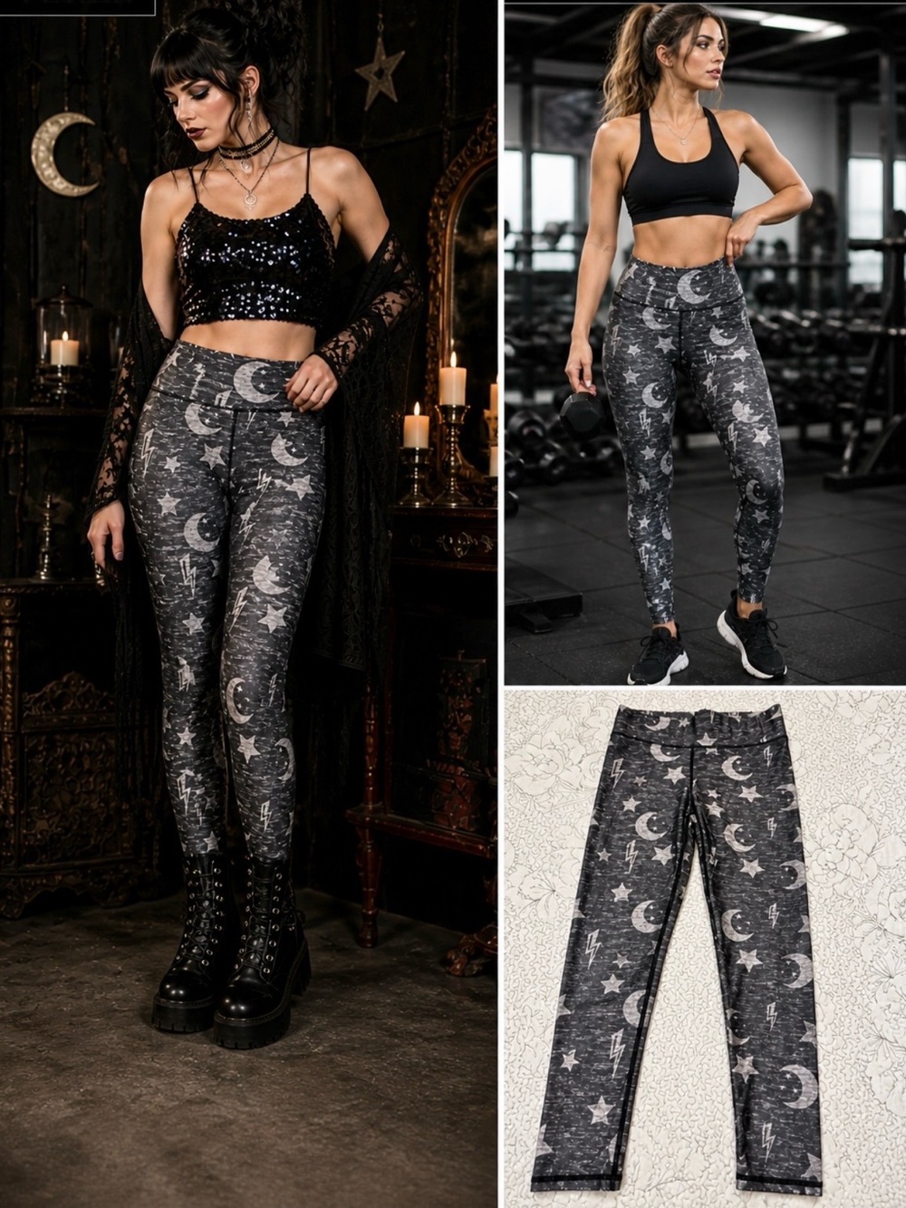 TEREZ Moon Star Lightning Print Leggings Gray Cosmic Yoga Sz S💛